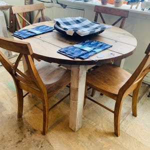 Round Dining Table - Farmhouse Style - DIstressed White Legs - Provincial Brown - Kitchen or Dining Room Table