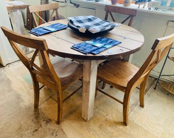Round Dining Table - Farmhouse Style - DIstressed White Legs - Provincial Brown - Kitchen or Dining Room Table