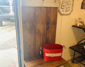 Rustic Farmhouse Hall Tree with Hooks, Solid Wood,  Distressed White with Bench and Provincial Brown Back, Entryway Bench with Storage