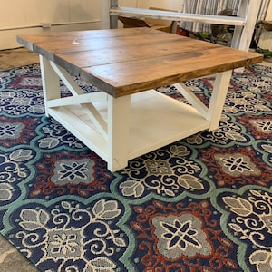 Large Farmhouse Style Coffee Table, Square Table, Provincial Brown Top, Antique White Base, Wooden Living Room Set with X Style Criss Cross