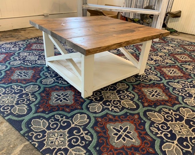 Large Farmhouse Style Coffee Table, Square Table, Provincial Brown Top, Antique White Base, Wooden Living Room Set with X Style Criss Cross