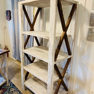 Rustic Farmhouse Style Bookshelf with a Distressed Antique Finish and Provincial Brown X Accents,  Wooden Shelving Bookcase