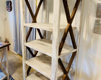 Rustic Farmhouse Style Bookshelf with a Distressed Antique Finish and Provincial Brown X Accents,  Wooden Shelving Bookcase