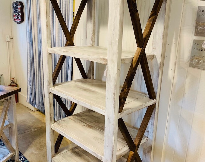 Rustic Farmhouse Style Bookshelf with a Distressed Antique Finish and Provincial Brown X Accents,  Wooden Shelving Bookcase