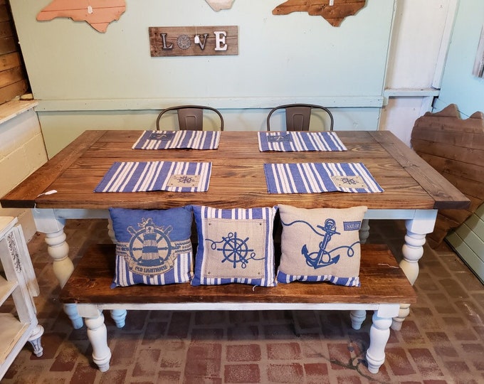 Farmhouse Style Table with Spun Legs and Breadbaords Set Comes with Matching Bench and Two Metal Chairs Honey and Distressed White