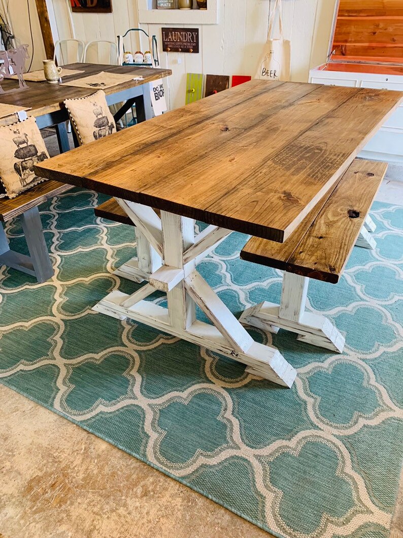 Rustic Pedestal Farmhouse Table With Benches Provincial Brown Etsy