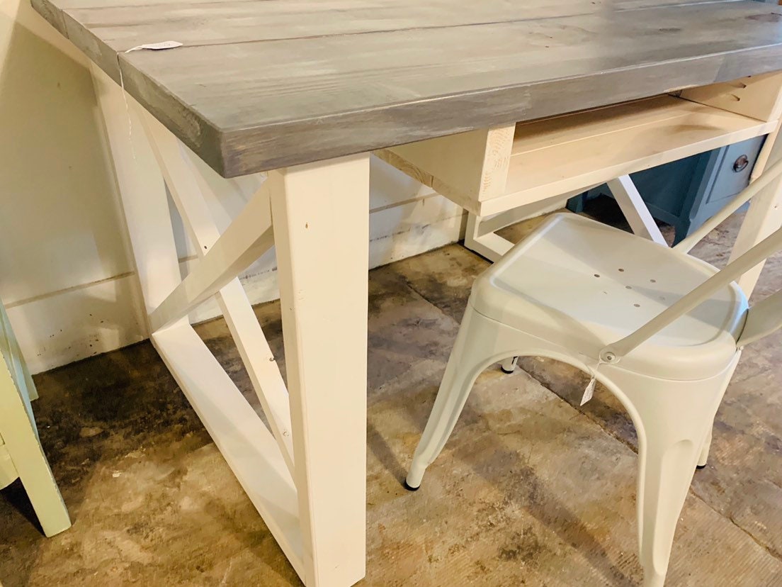Rustic Farmhouse Desk With Storage Antique White Base and Gray