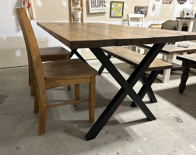 Industrial Style Farmhouse Table - with Bench and Wooden Chairs - Steel Leg Dining Set