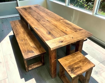 Farmhouse Dining Table Set Benches Stools 8ft Rustic Wood Kitchen Country Handmade