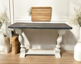 Wooden Console Table - Cottage Farmhouse Sytle - Turned Leg Entryway Table - White and Carbon Gray Whitewash - Small Entryway Table Display
