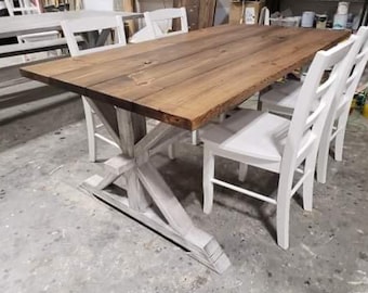 Rustic Pedestal Farmhouse Table With White Chairs Provincial Brown with White Distressed Base Dining Set