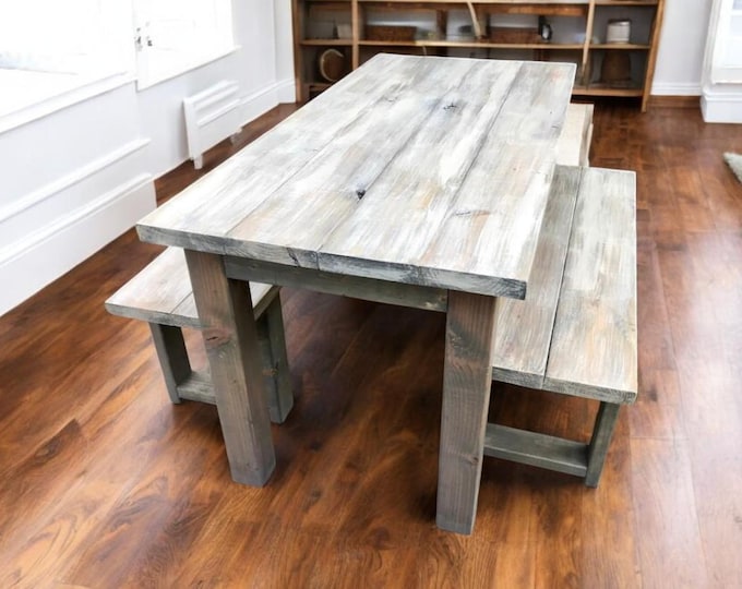 Small Farmhouse Table with Benches - Gray White Wash, Classic Gray - Rustic Dining Table Set - Wooden Kitchen Table
