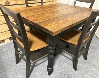 Small Modern Farmhouse Table Set - With Chairs and Turned Legs - Black and Provincial Brown - Dining Table - Kitchen Table
