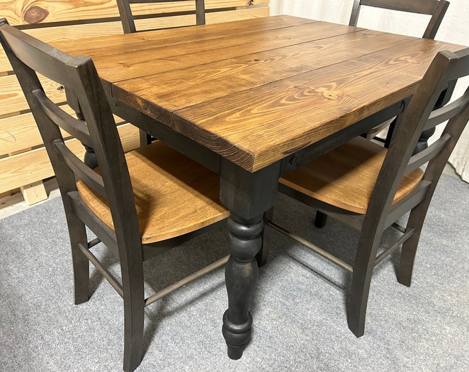 Small Modern Farmhouse Table Set - With Chairs and Turned Legs - Black and Provincial Brown - Dining Table - Kitchen Table