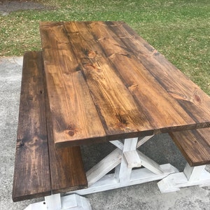 Rustic Farmhouse Dining Set: 6ft Pedestal Table with Benches