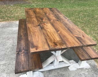 Rustic Farmhouse Dining Set: 6ft Pedestal Table with Benches