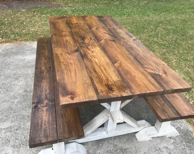 Rustic 6ft Pedestal Farmhouse Table With Long Benches Benches Provincial Brown with White Distressed Base Dining Set