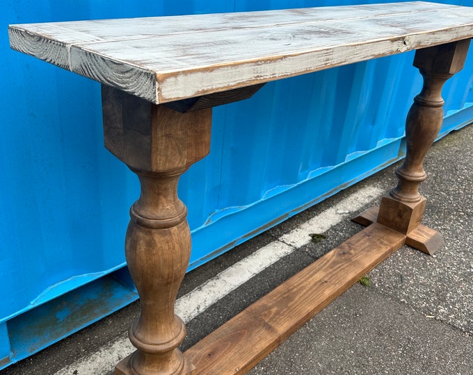 Rustic Farmhouse Entryway Table with shelve and Turned Legs, Provincial Base Weathered White Top, Wooden Sofa Console Table