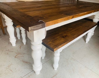 Rustic Farmhouse Table Set with Chunky Turned Legs and Breadboards , Two Benches, Provincial Brown Top and White Distressed Base