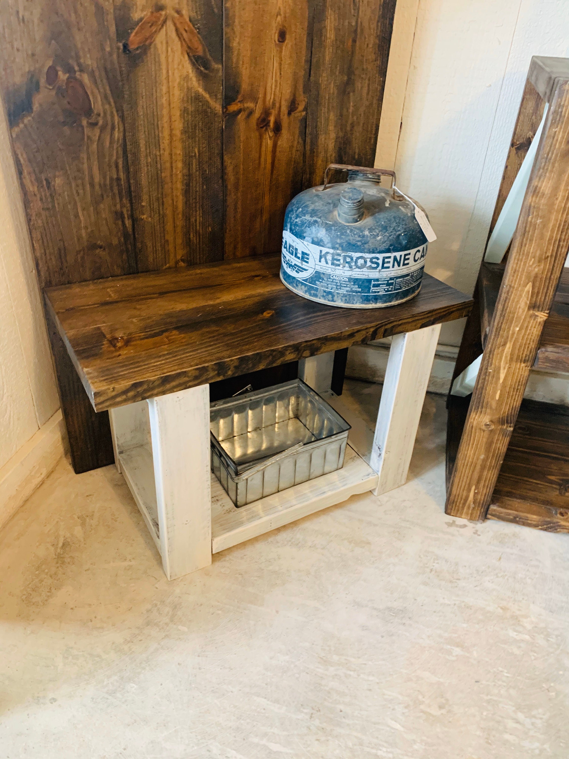 Rustic Farmhouse Hall Tree with Hooks, Solid Wood, Distressed White