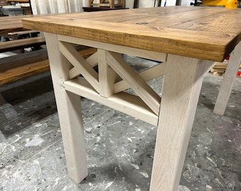 Farmhouse Table, With Double X Design, Distressed White and Early American Brown Top, Counter Height Dining Table