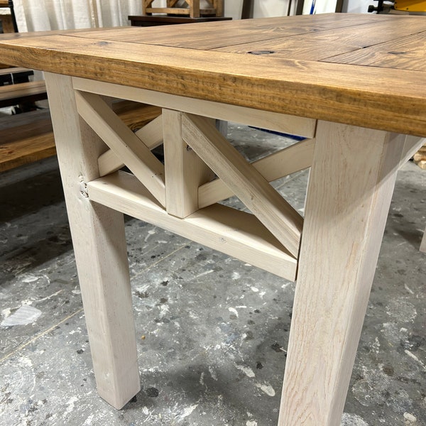 Farmhouse Table, With Double X Design, Distressed White and Early American Brown Top, Counter Height Dining Table