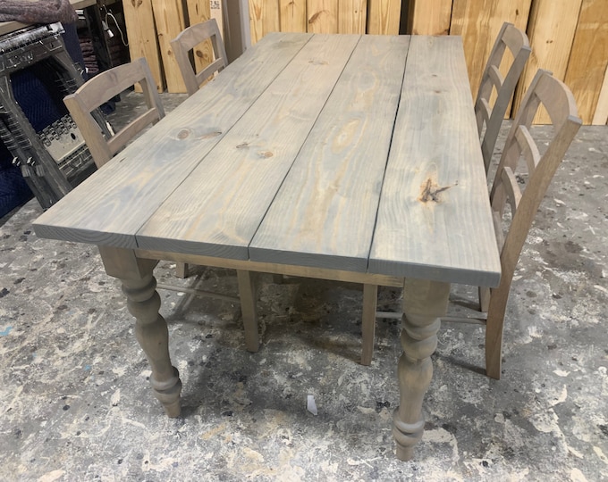 6ft Rustic Farmhouse Table with Chairs and Turned Legs, Rustic Classic Gray, Wooden Dining Table, Kitchen Table