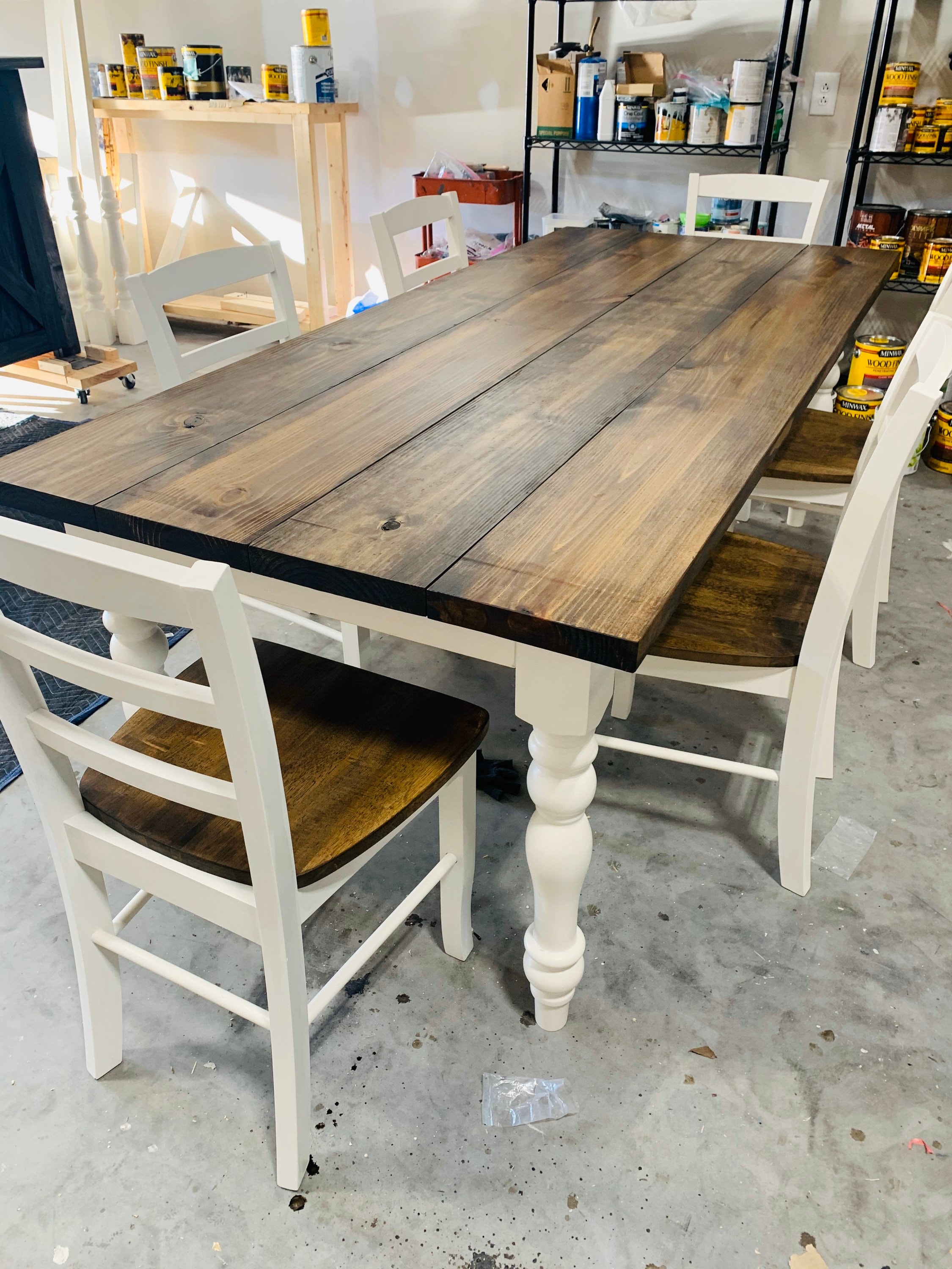 7ft Rustic Farmhouse Table With Chairs And Turned Legs Dark Walnut Top