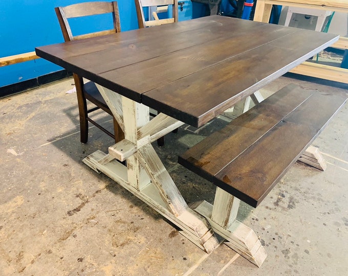 Trestle Farmhouse Table With Bench and Chairs Dark Walnut with White Distressed Base Dining Set