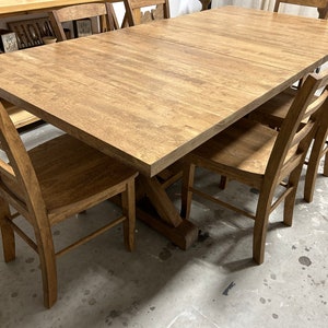 Extendable Farmhouse Table, Two Leaf Dining Set with Chairs, Modern Trestle Style Base, Stained Provincial Brown, Hardwood image 4