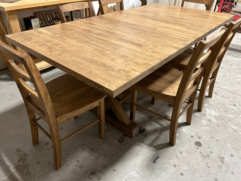 Extendable Farmhouse Table, Two Leaf Dining Set with Chairs, Modern Trestle Style Base, Stained Provincial Brown, Hardwood image 4