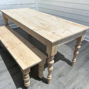Unfinished Farmhouse Dining Table DIY Wood Turned Leg Narrow Bench Kitchen Stainable Paintable Handmade