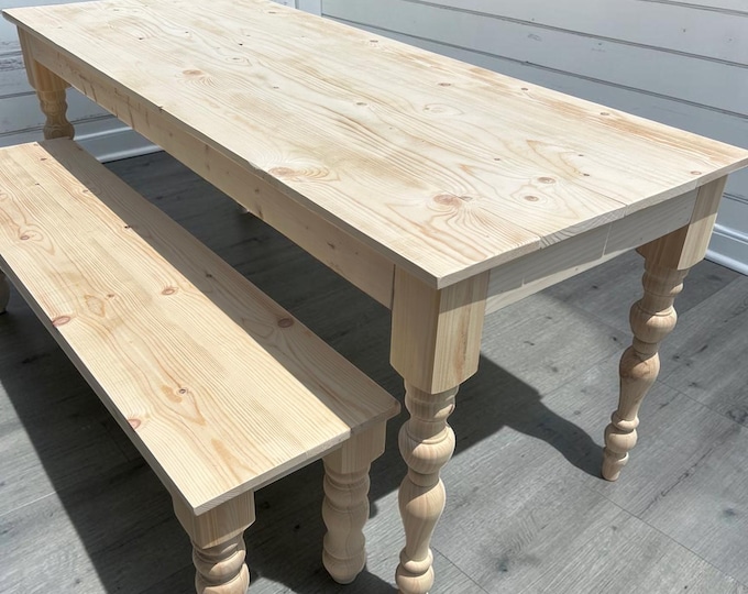 Unfinished Farmhouse Dining Table DIY Wood Turned Leg Narrow Bench Kitchen Stainable Paintable Handmade