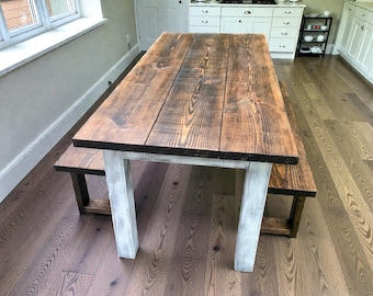 Farmhouse Dining Table With Benches 6ft Narrow Dark Walnut Rustic Pine