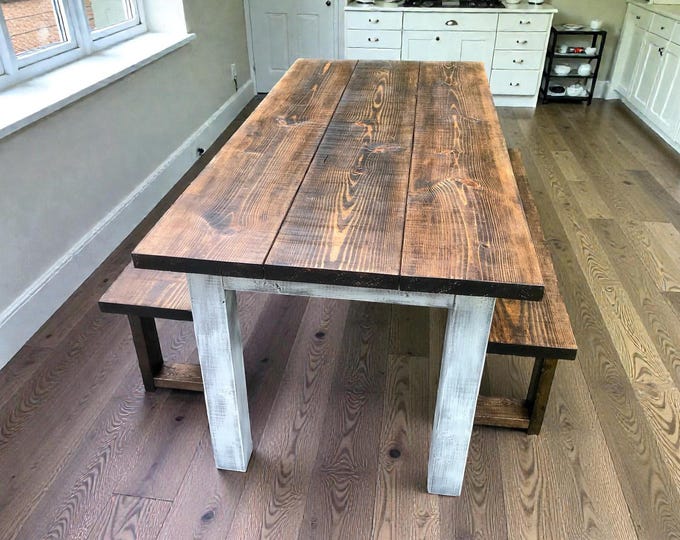 Farmhouse Dining Table With Benches 6ft Narrow Dark Walnut Rustic Pine