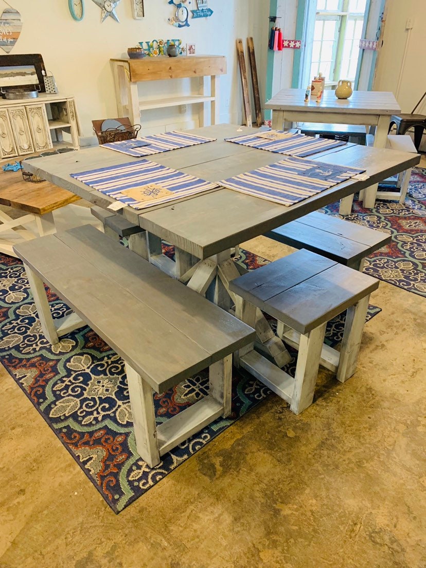 Rustic Square Pedestal Farmhouse Table with Benches and Stools ...