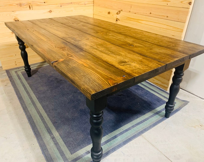 7ft Wide Rustic Farmhouse Table with Turned Legs, Dark Walnut Brown Top and  Black Base, Wooden Dining Table, Kitchen Table