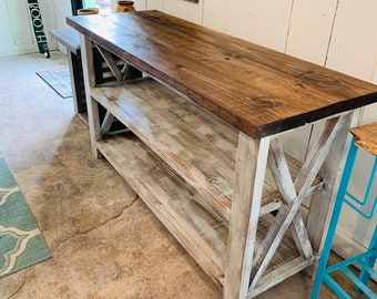 Rustic Wooden Buffet Table, Rustic Console Table, Farmhouse Buffet Table, Distressed Base and Provincial Brown Top