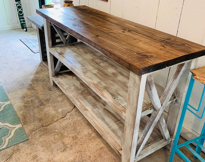 Rustic Wooden Buffet Table, Rustic Console Table, Farmhouse Buffet Table, Distressed Base and Provincial Brown Top