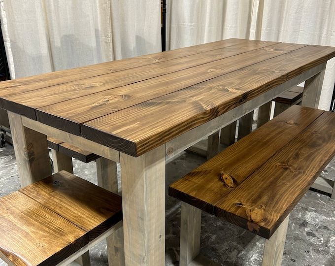 Rustic Wooden Farmhouse Table Set with Provincial Brown Top and Classic Gray Base Includes Two Benches and End Stools