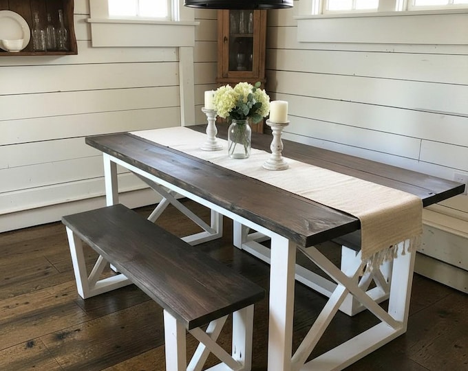 Farmhouse Dining Table Set With Benches 6ft Dark Walnut X Base Kitchen Table