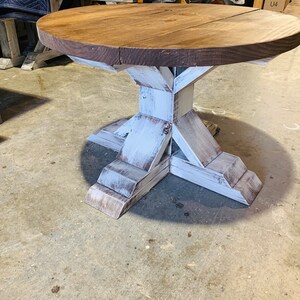 Round Farmhouse Rustic Coffee Table With Pedestal Base, Distressed White Base With Light Walnut Top Living Room Furniture image 5