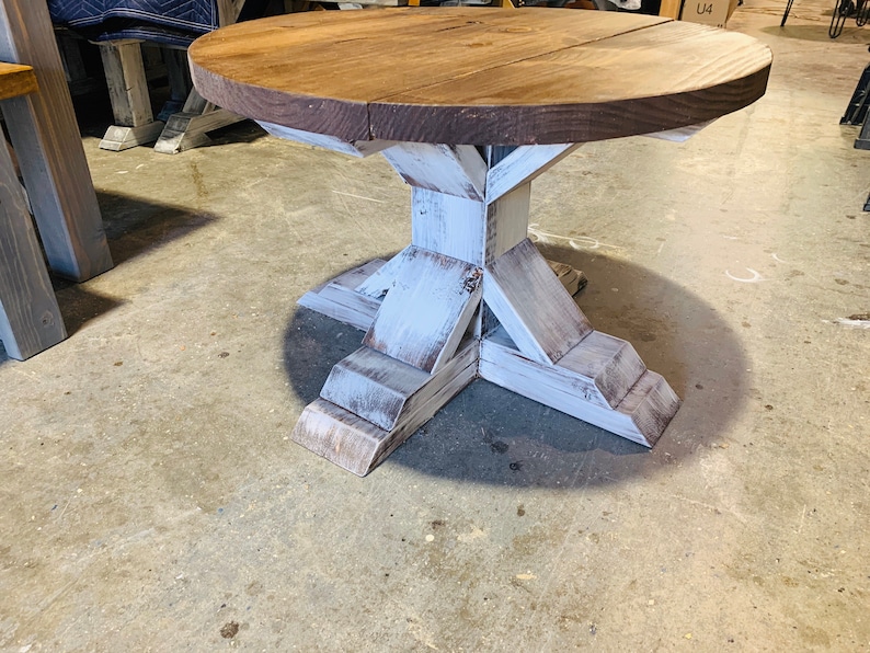 Round Farmhouse Rustic Coffee Table With Pedestal Base, Distressed White Base With Light Walnut Top Living Room Furniture image 5