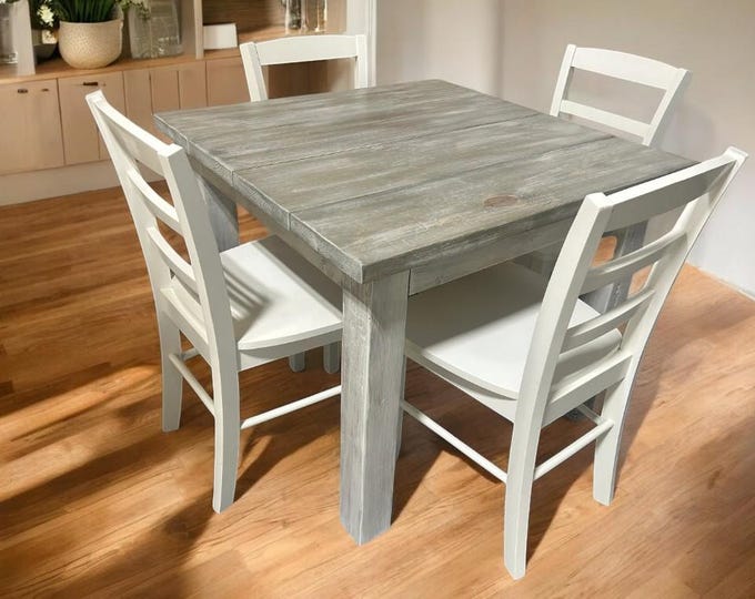 Square Farmhouse Table - With Chair Option - Small Dining Table - Wooden Nook Table Set - Gray White Wash, Distressed White
