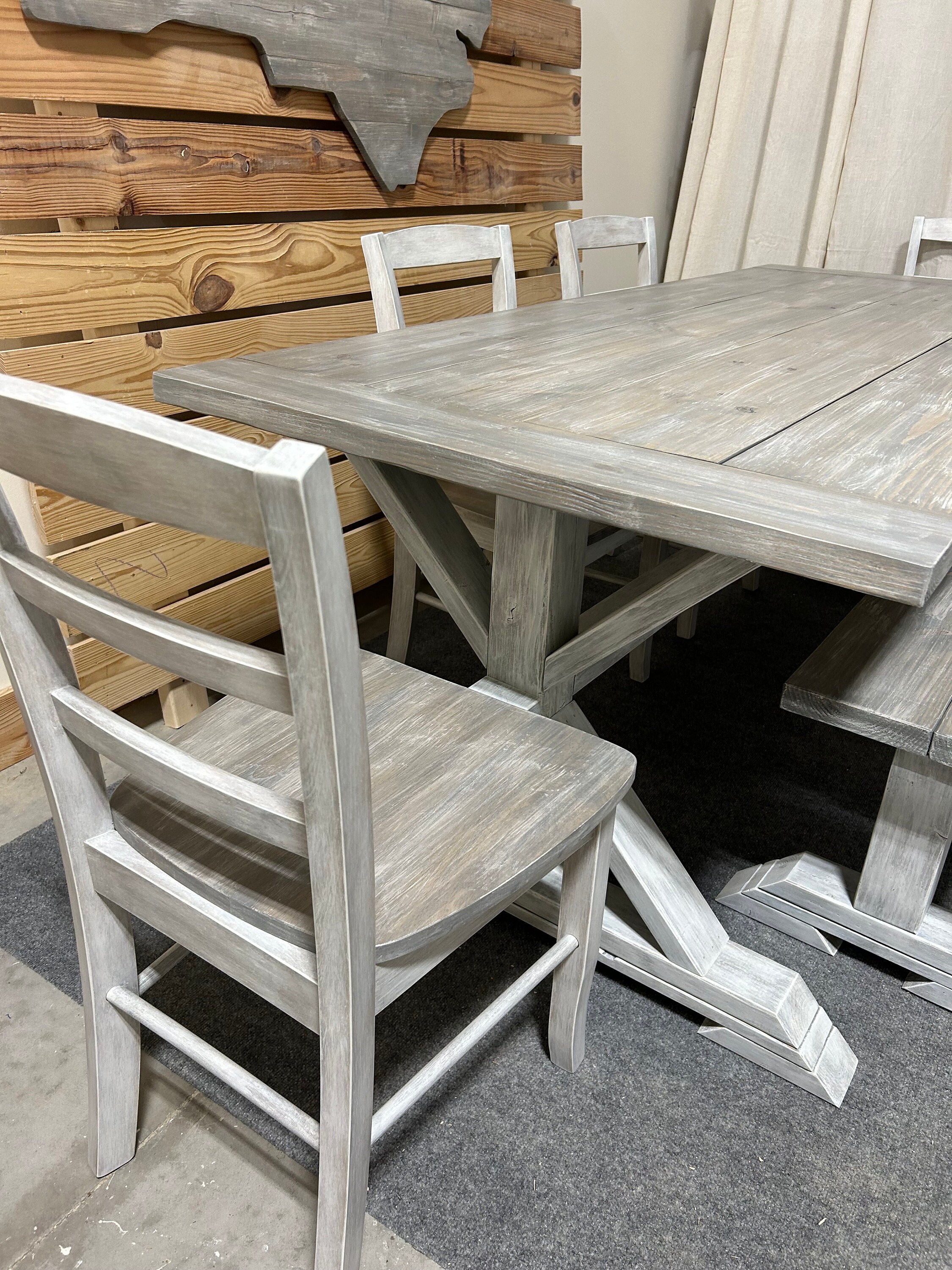 7ft Farmhouse Trestle Table With Chairs or Benches Gray White