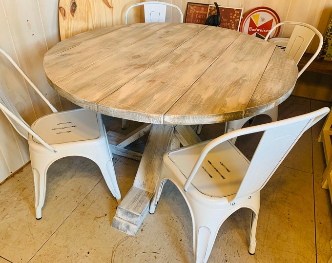 Round Rustic Farmhouse Table with chairs, Single Pedestal  Style Base, Gray White Wash Top with Distressed White Base, Small Wooden Dining