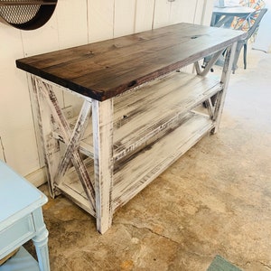 Rustic Wooden Buffet Table, Rustic Console Table, Farmhouse Buffet Table, Distressed White Base  and Red Mahogany Top