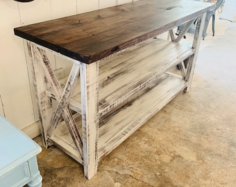 Rustic Wooden Buffet Table, Rustic Console Table, Farmhouse Buffet Table, Distressed White Base  and Red Mahogany Top