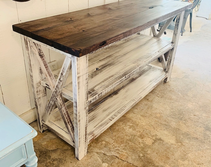 Rustic Wooden Buffet Table, Rustic Console Table, Farmhouse Buffet Table, Distressed White Base  and Red Mahogany Top