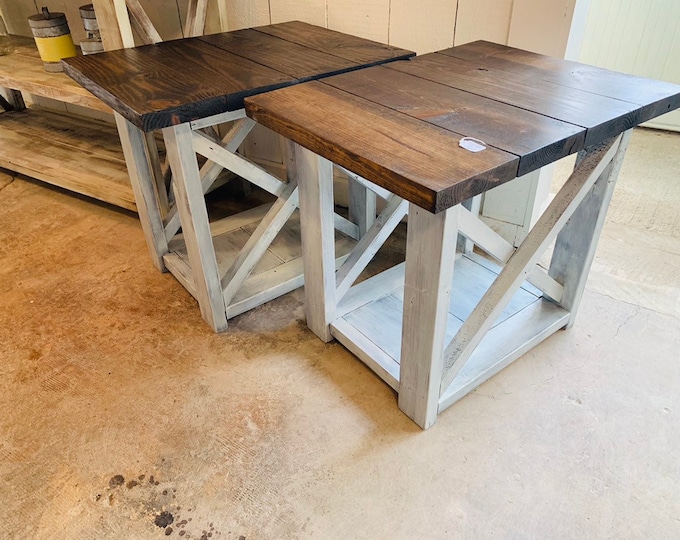 Long Rustic Farmhouse End Tables Dark Walnut Top with a Distressed Base, Side Tables with Shelve, End Table Set, X Accents Cross Brace